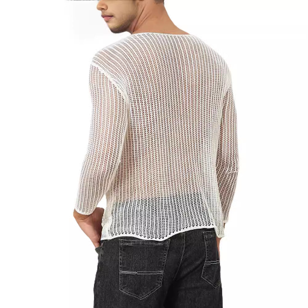 Camiseta de manga larga de color liso y transparente para hombre, top de punto fino