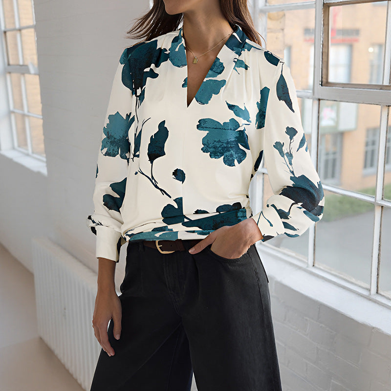 Kasvikuvioitu Ylellinen V-kaula-aukollinen Pitkähihainen Pusero