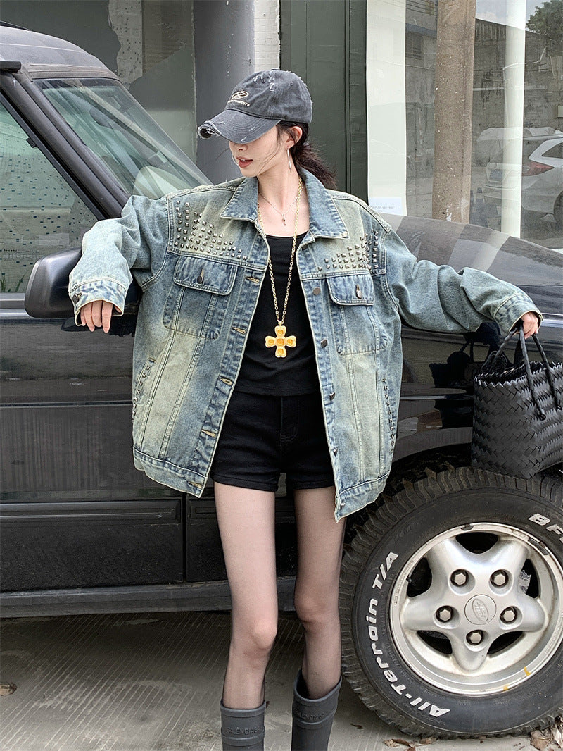 Veste en denim robuste à rivets American Vintage pour femme, printemps et automne