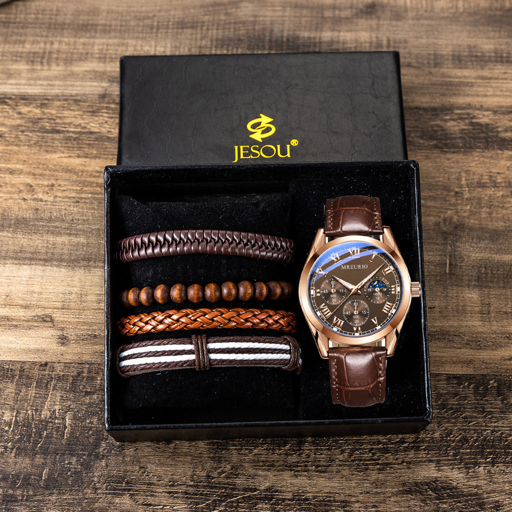 Herrset med klocka, bälte och armband – 5-delars casual presentpaket