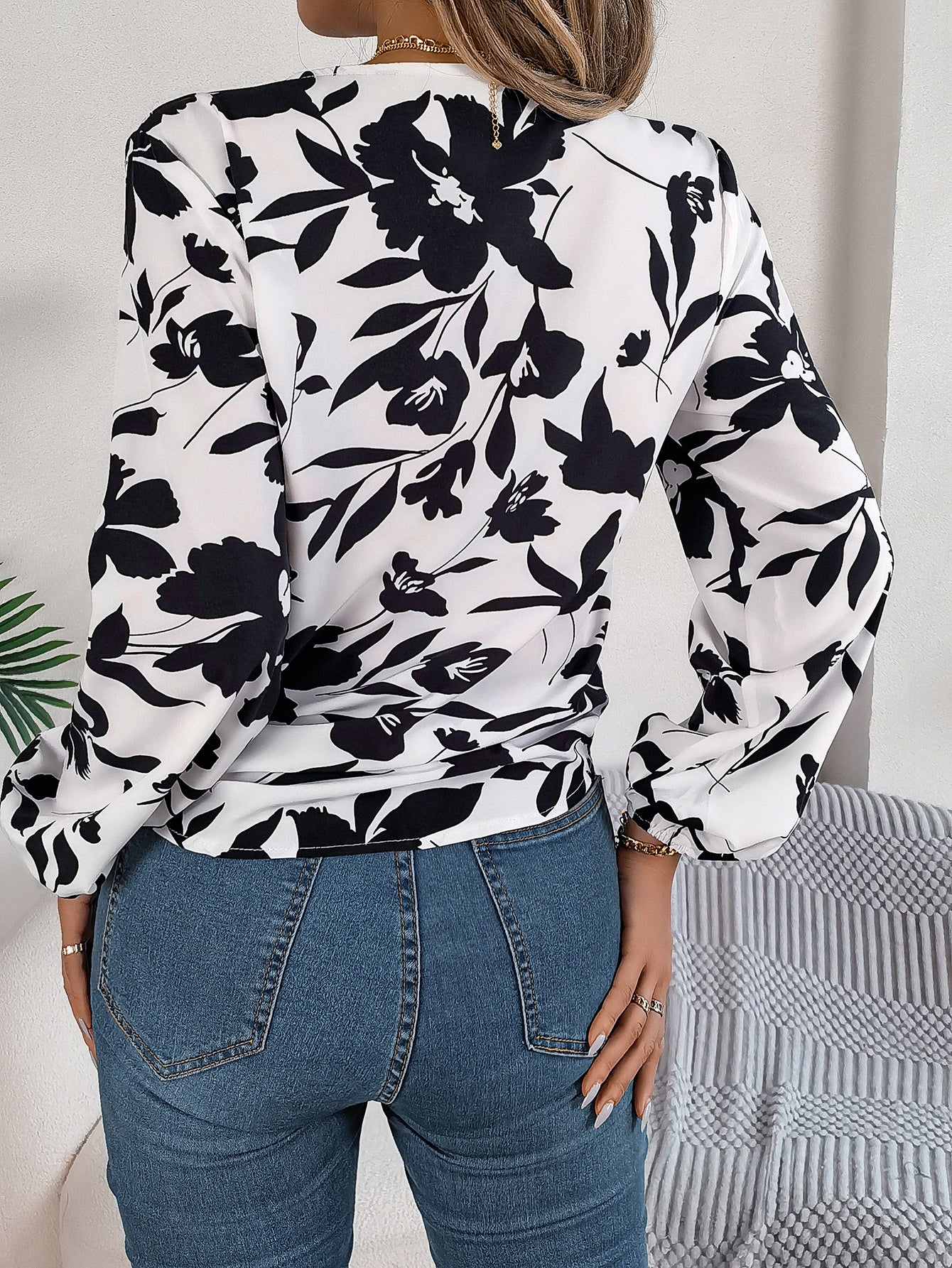 Top de gasa para mujer con estampado floral, mangas farol, bloques de color y cintura ajustable con lazo