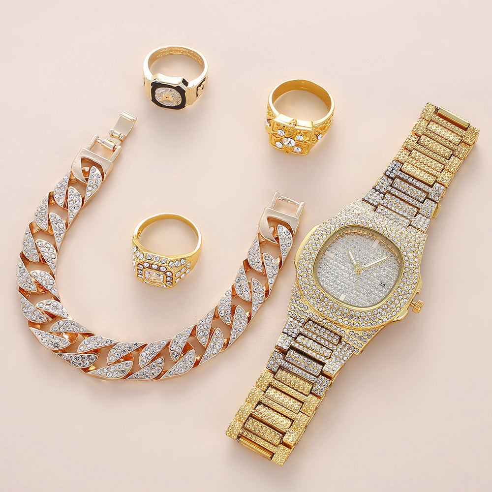 Presentset för far – kvartsklocka med kalender, armband och ringar i exklusiv design