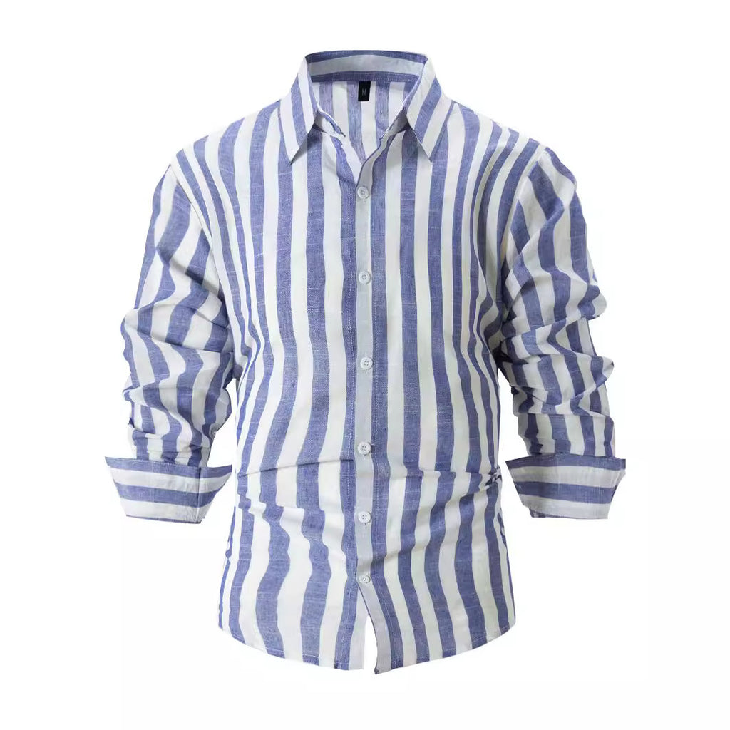 Chemise décontractée ample à manches longues rayée teinte en fil pour homme