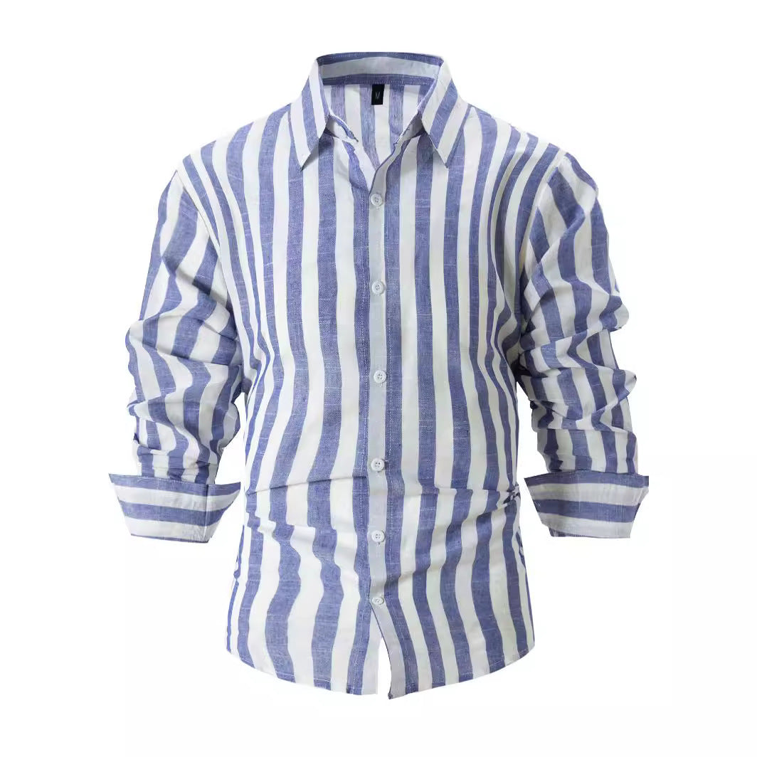 Camisa casual holgada de manga larga a rayas teñida en hilo para hombre