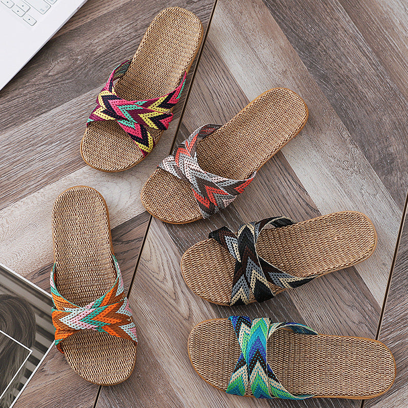 Pantuflas de lino para mujer con suela gruesa antideslizante