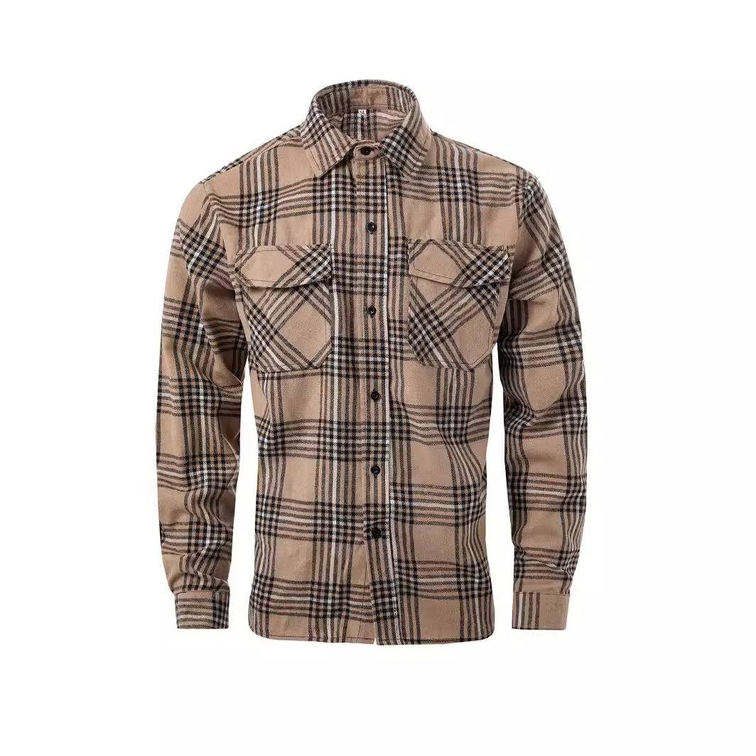 Camisa moderna de manga larga con cuello solapa y cuadros