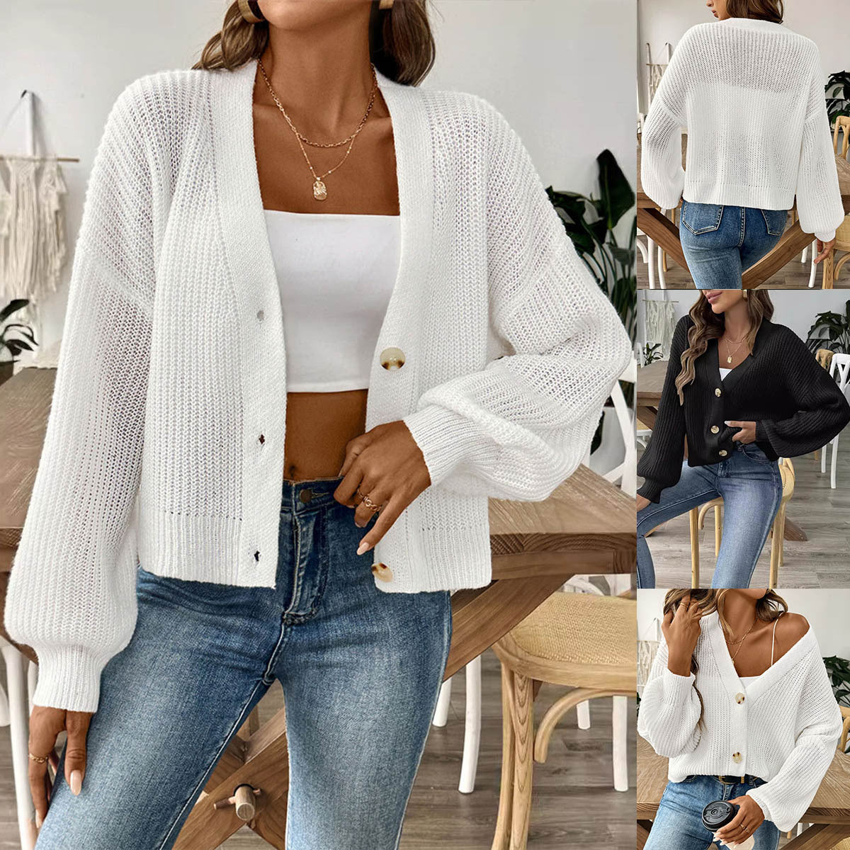Chaqueta de punto minimalista con botonadura corta para mujer