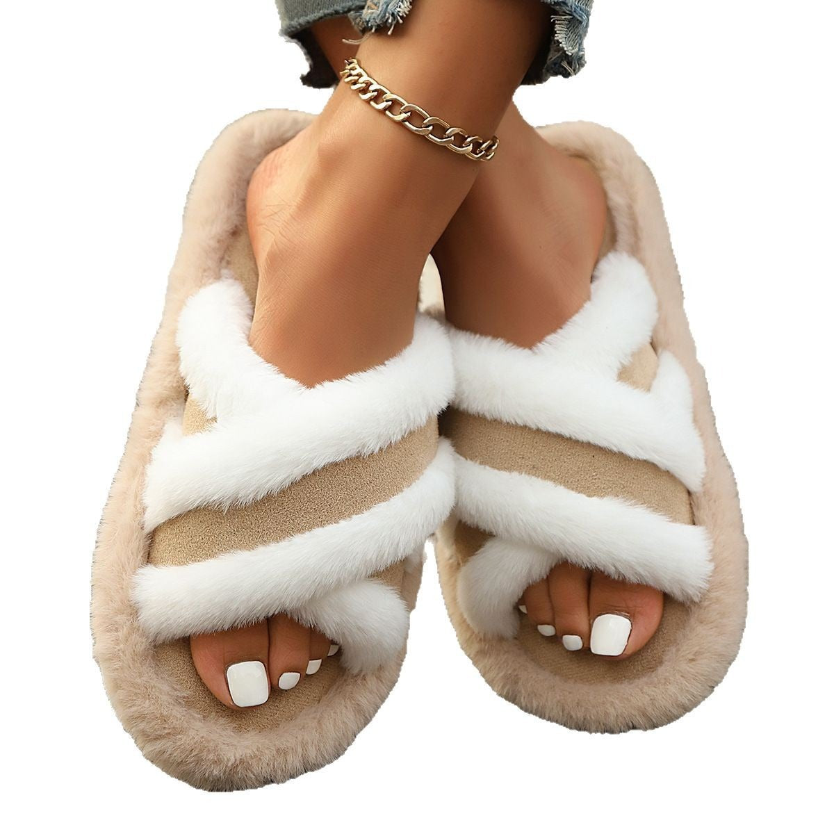 Pantuflas mullidas con tira cruzada, costuras y plataforma, cálidas y casuales