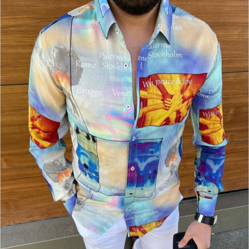 Camisa de manga larga para hombre, estampado casual estilo europeo y americano