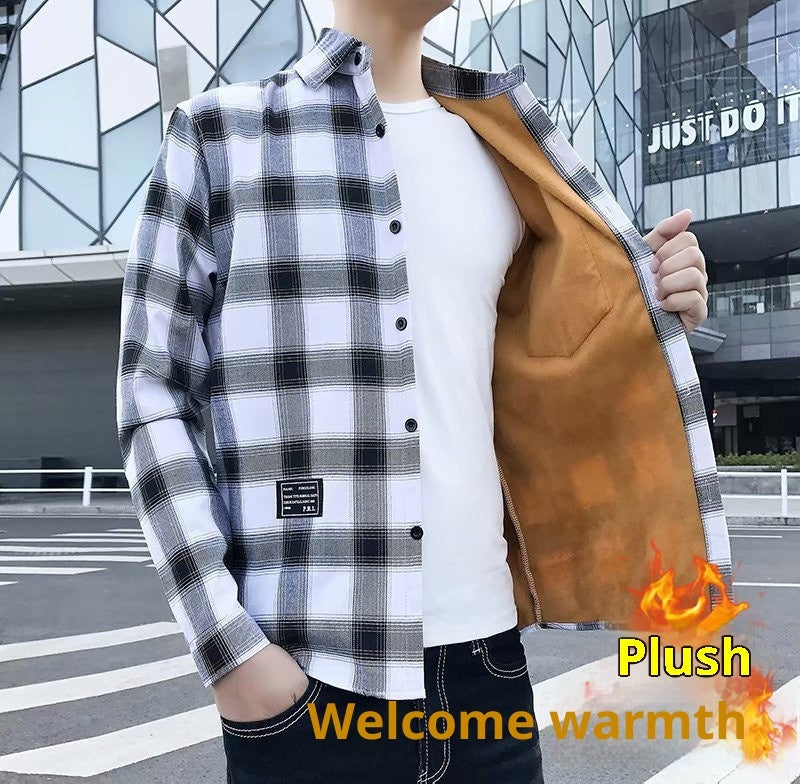 Camisa de manga larga para hombre de cuadros, engrosada y forrada de fleece para invierno