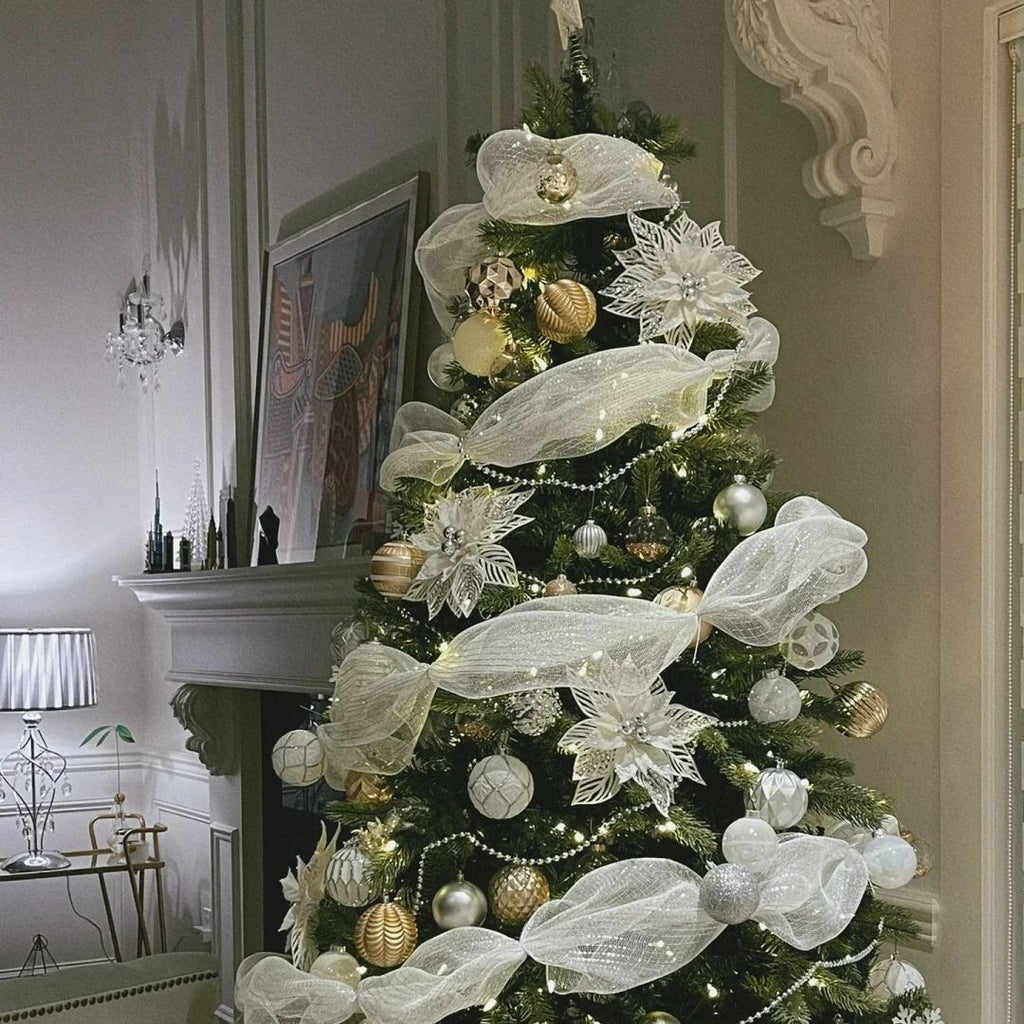 Julgransdekoration Sidenband Färgade band Julscenlayout Nät Rosett Hänge Garnremsa