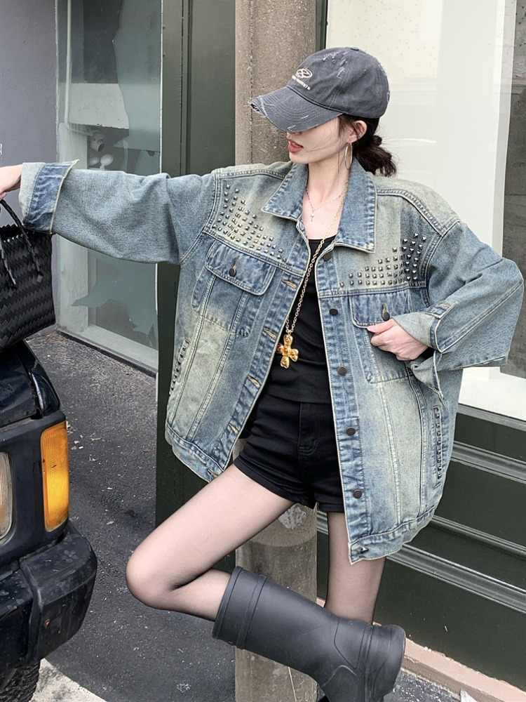 American Vintage Heavy-duty Rivet Denim Jacket For Women, Spring And Autumn