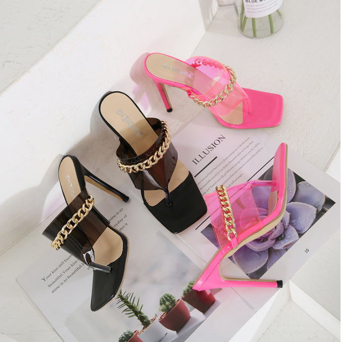 Damen-Sandalen mit eckiger Zehenpartie, PVC-Kette und Stilettoabsatz für Bankett