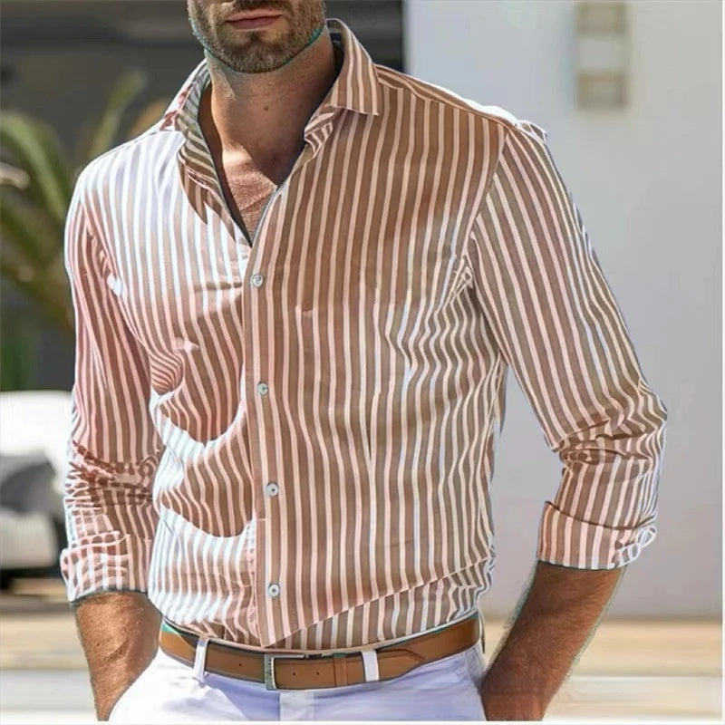 Camisa slim de rayas de manga larga para hombre, moda juvenil