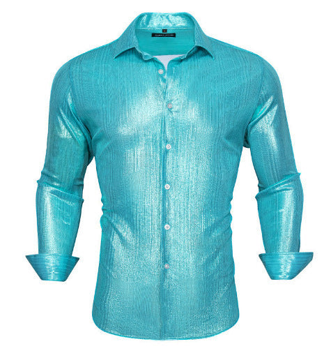 Camisa abotonada casual de color liso con lentejuelas para hombre