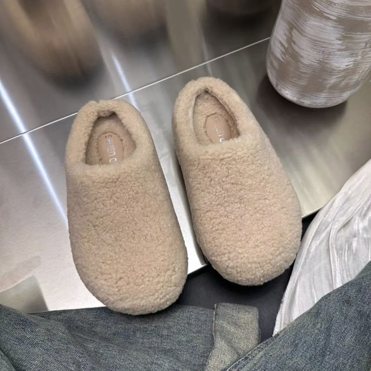 Retro-Plattform-Baumwollschuhe mit Fleecefutter für Damen, dick