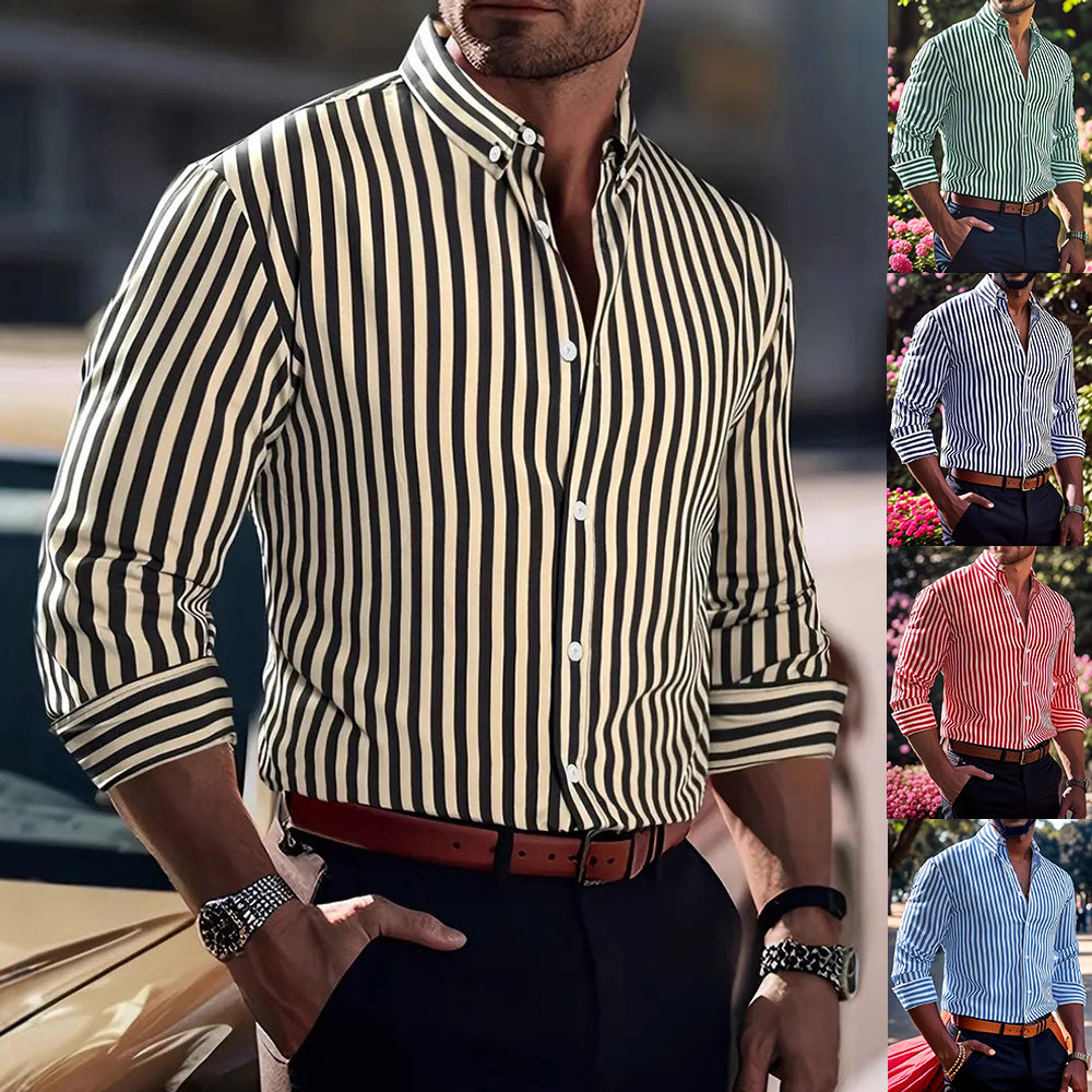 Ins Striped Printed Long-Sleeve Shirt for Men, Casual Fashion Lapel Button Top