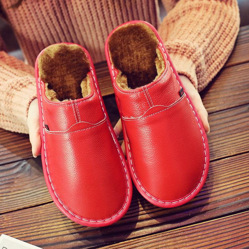 Pantuflas térmicas de algodón de cuero genuino para pareja, de piel de vaca, impermeables