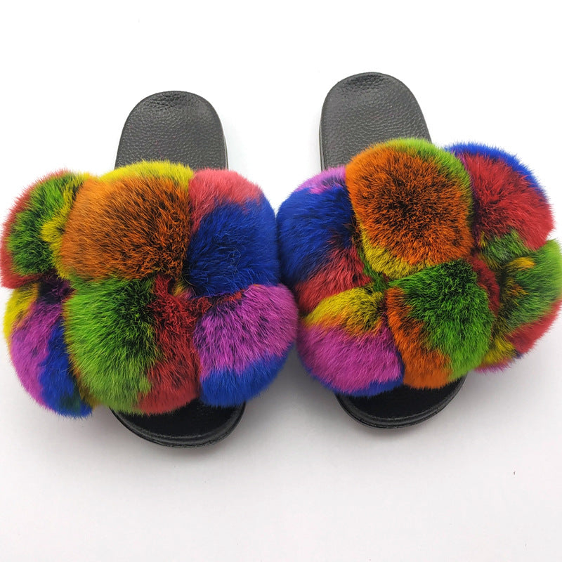 Slipper mit Fuchspelz-Bommel für draußen