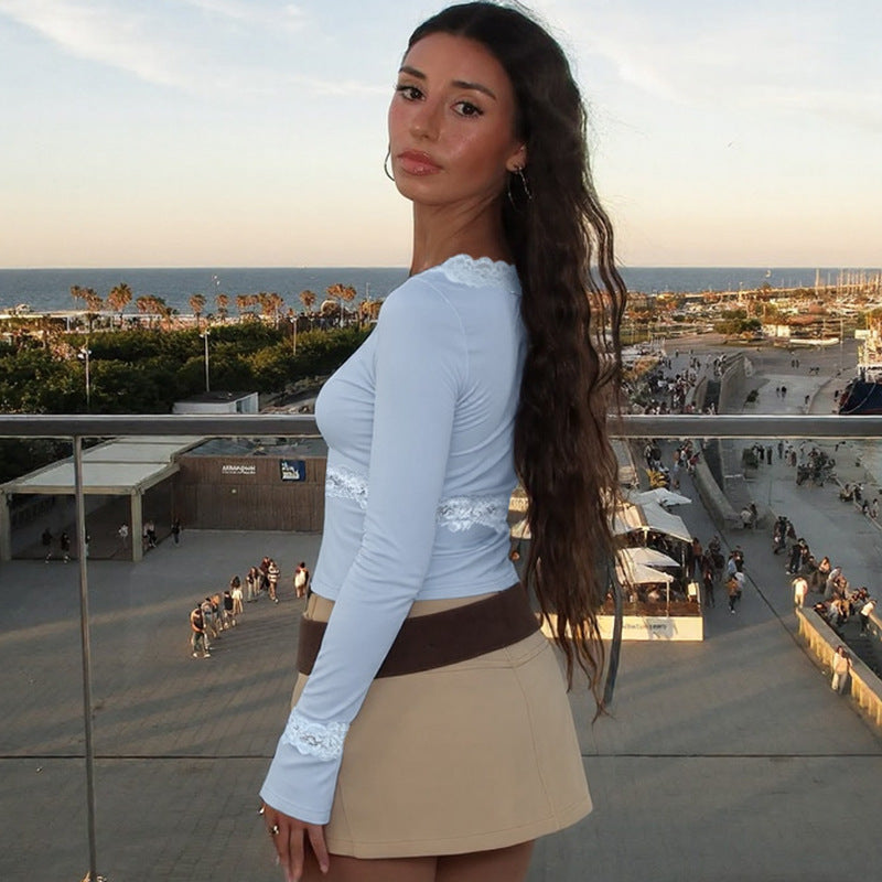 Lace Fake Two-piece Long Sleeve T-shirt Women