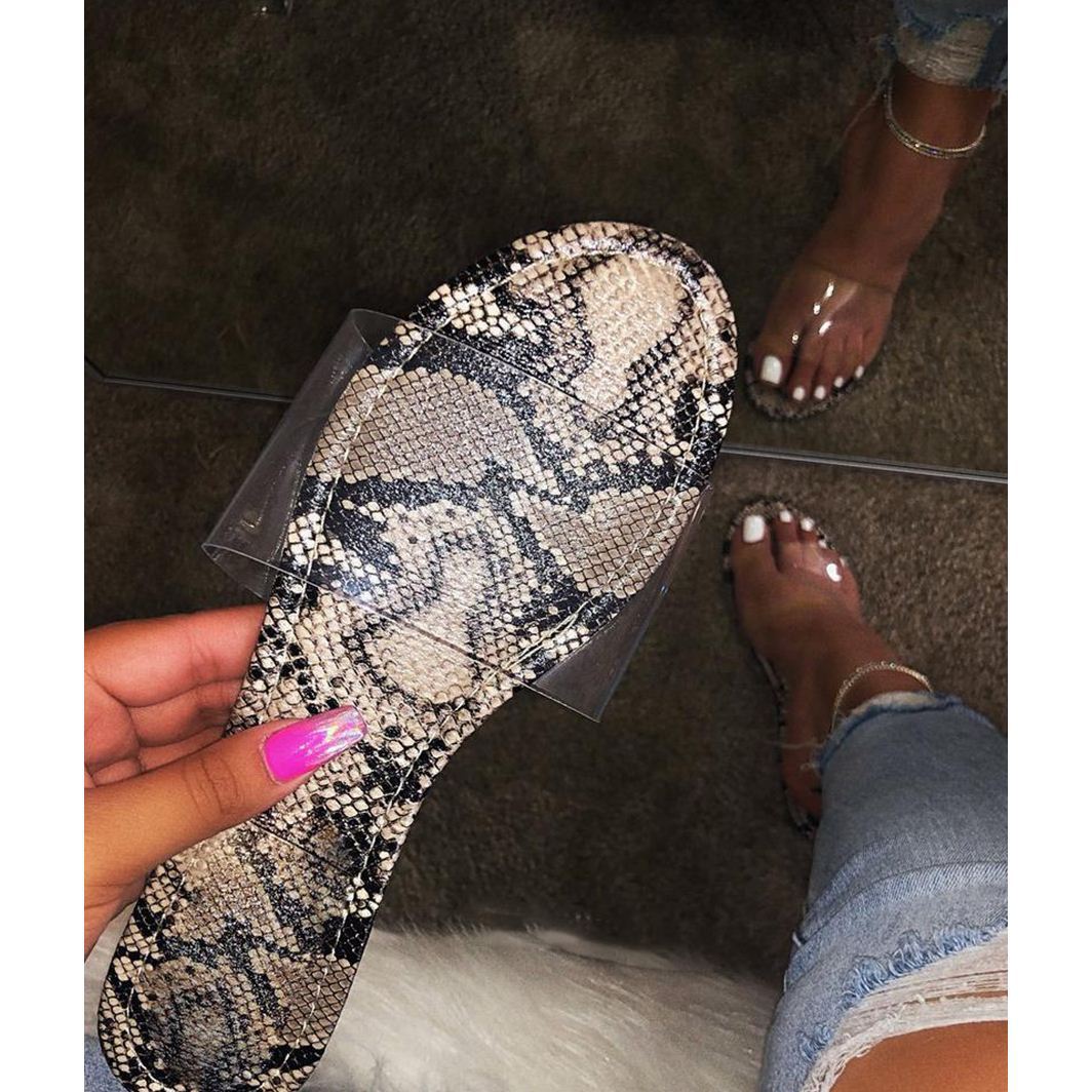 Nuevas sandalias planas transparentes con estampado de serpiente fluorescente para mujer de verano