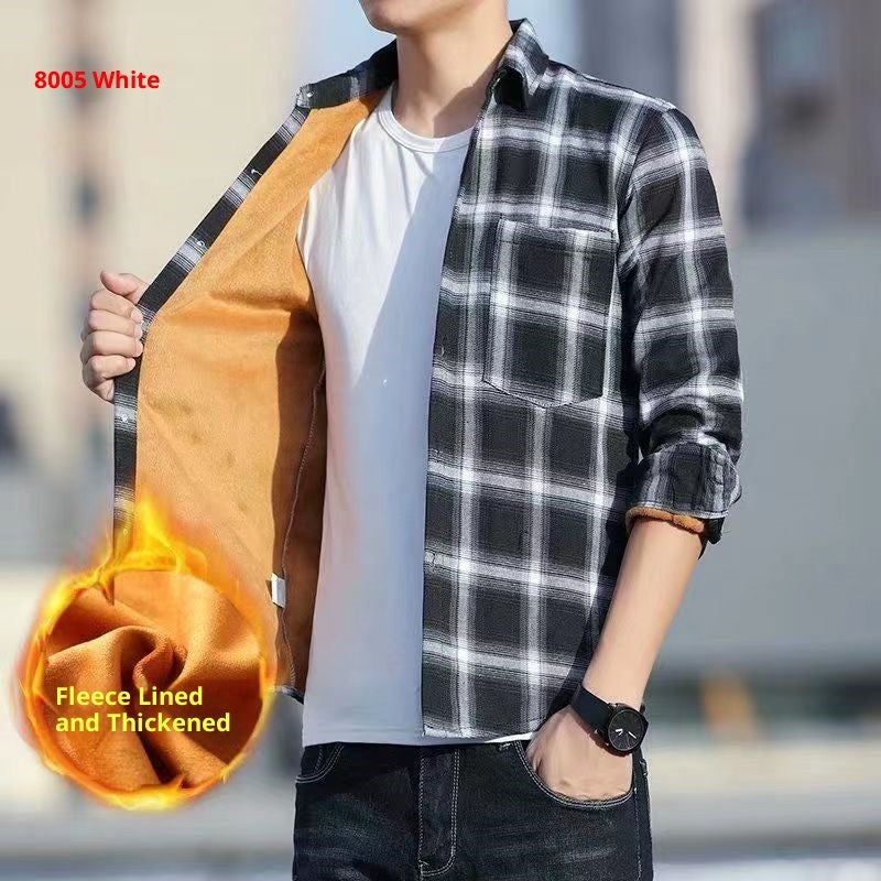 Camisa de manga larga para hombre de cuadros, engrosada y forrada de fleece para invierno