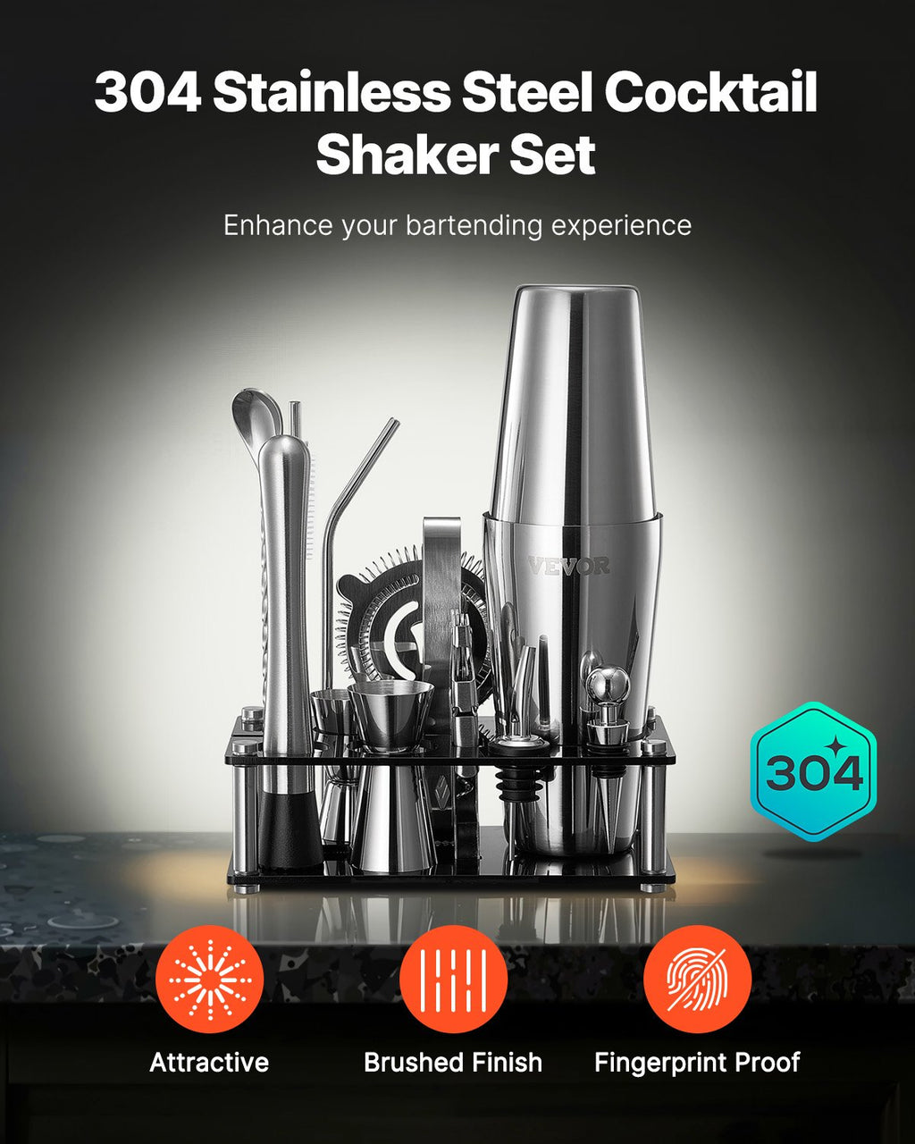 Set shaker cocktail, 14 pièces en acier inoxydable avec support acrylique, accessoires de barman Boston | cuillère mélange, pilon, doseurs, passoire, verseur, pince à glace, tire-bouchon, argenté