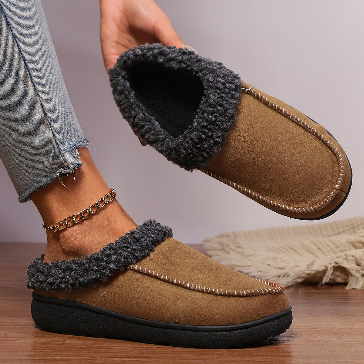 Zapatillas de algodón gruesas para casa, de otoño e invierno, con talón semicubierto