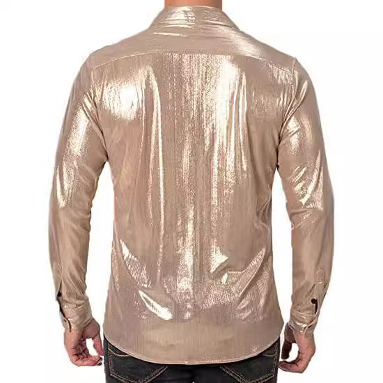 Camisa abotonada casual de color liso con lentejuelas para hombre