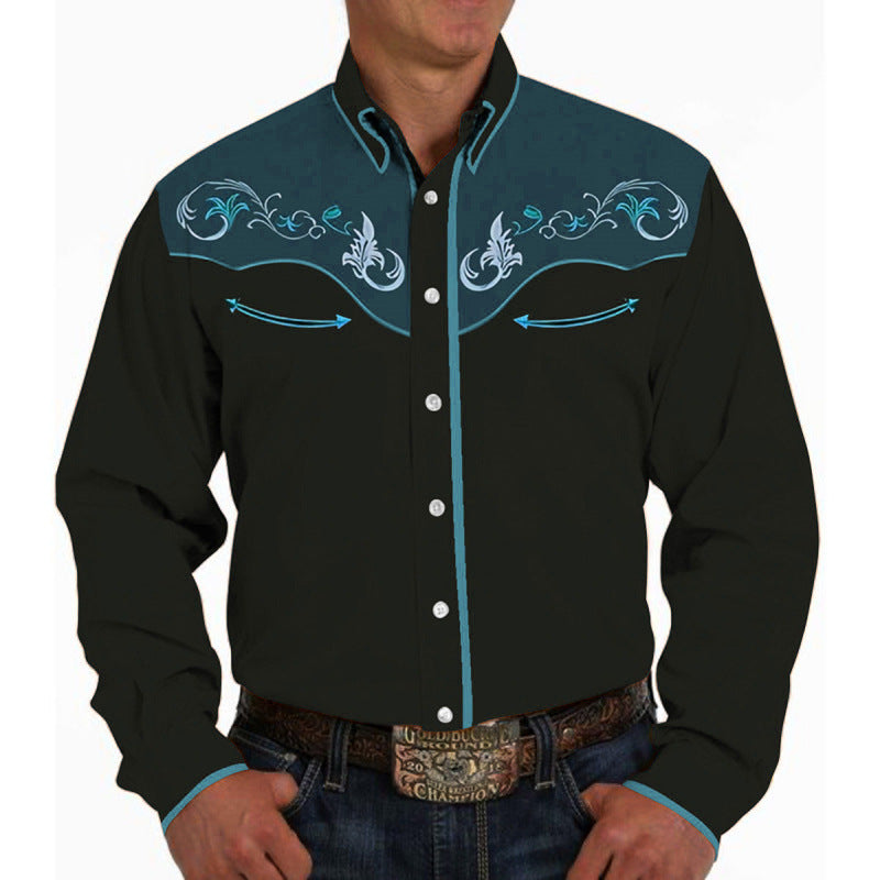 Camisa casual de manga larga con solapa y estampado 3D para hombre