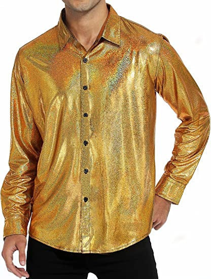 Camisa abotonada casual de color liso con lentejuelas para hombre