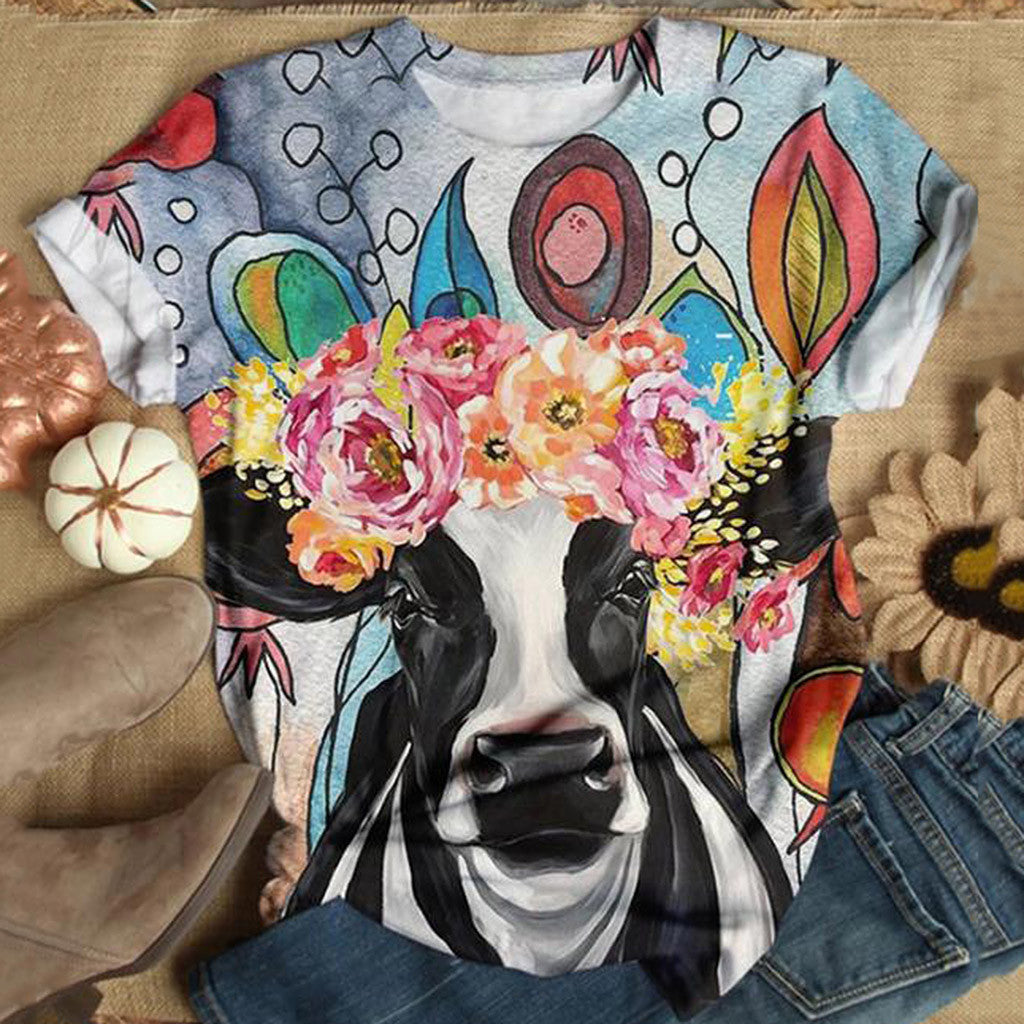 Camiseta de mujer moderna con estampado de cabeza de toro, cuello redondo y manga corta
