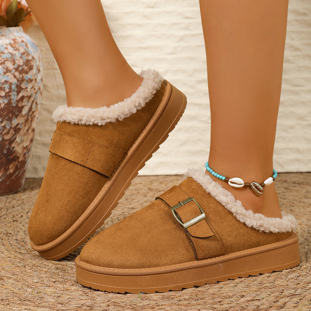 Fivela de Cinto com Sola Grossa Chinelo Feminino de Algodão forrado com Lã, Bico Fechado