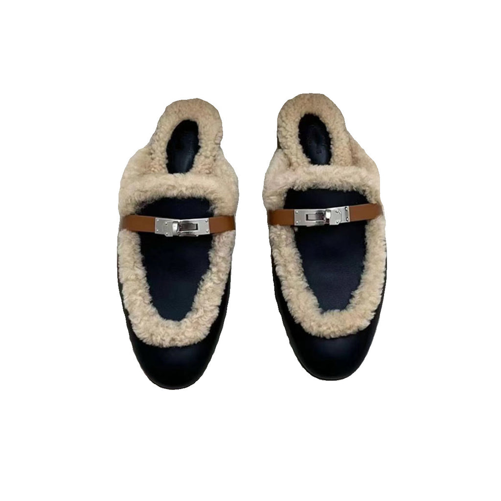Baotou Mules femme à bout fermé, semelle plate et boucle