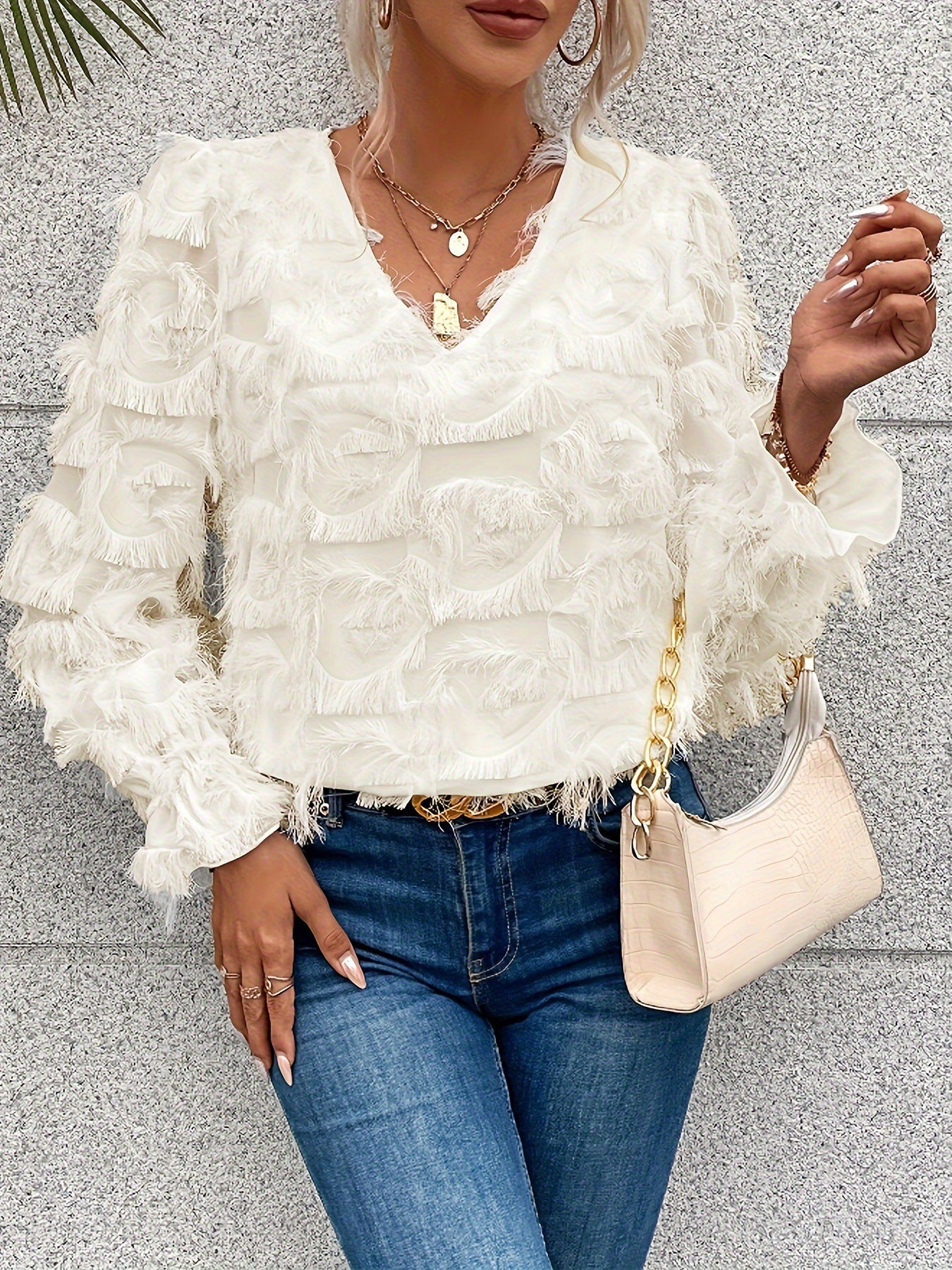 Niche Design Feather Fringe Loose Top Long Sleeve