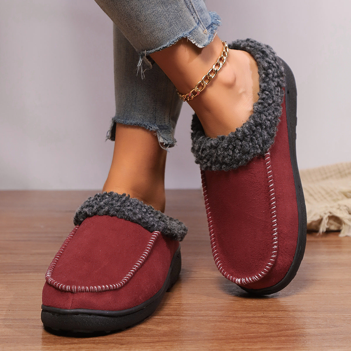 Zapatillas de algodón gruesas para casa, de otoño e invierno, con talón semicubierto