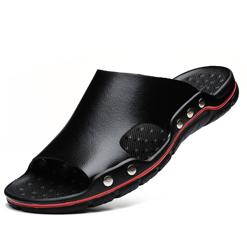 Chinelos Masculinos Verão Couro Palavras Casuais Sandálias Tendência Antiderrapante Couro Novas Sandálias Externas Tamanhos Grandes Sapatos de Praia