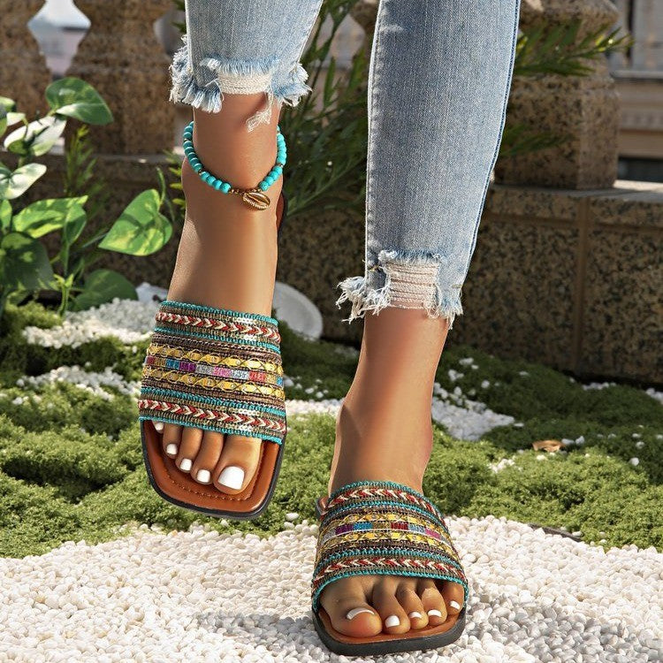 Chinelo slip-on peep-toe estilo boêmio respirável