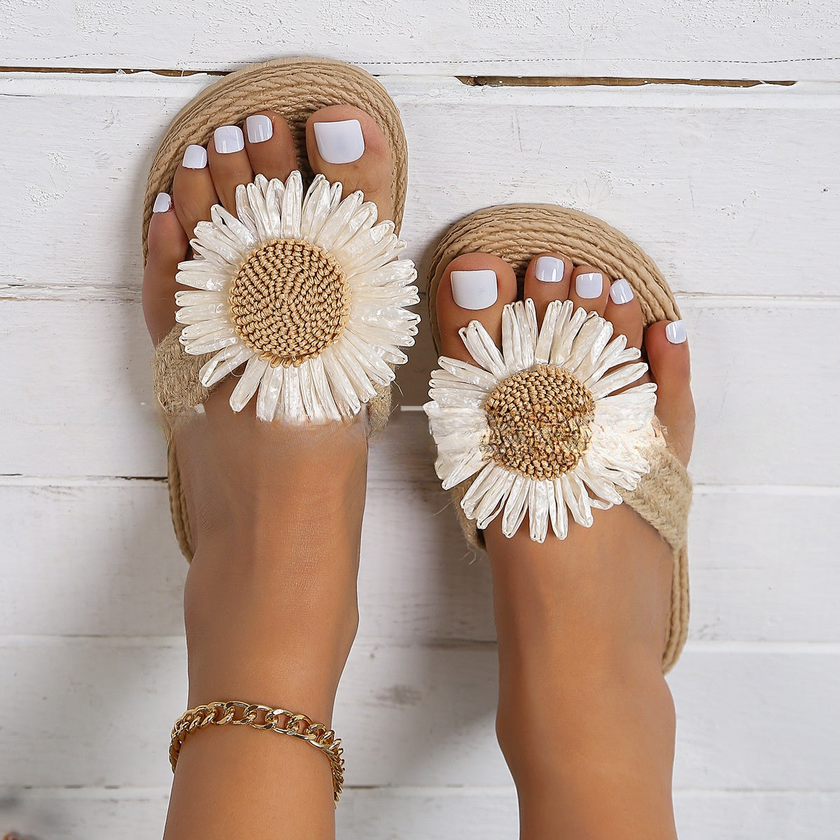 Sandalias casuales planas de lino para mujer, nuevas de moda de verano, sencillas con flores