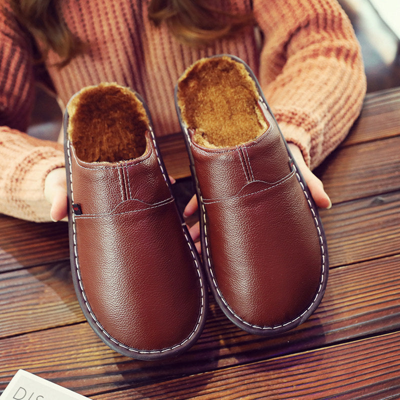 Pantuflas térmicas de algodón de cuero genuino para pareja, de piel de vaca, impermeables