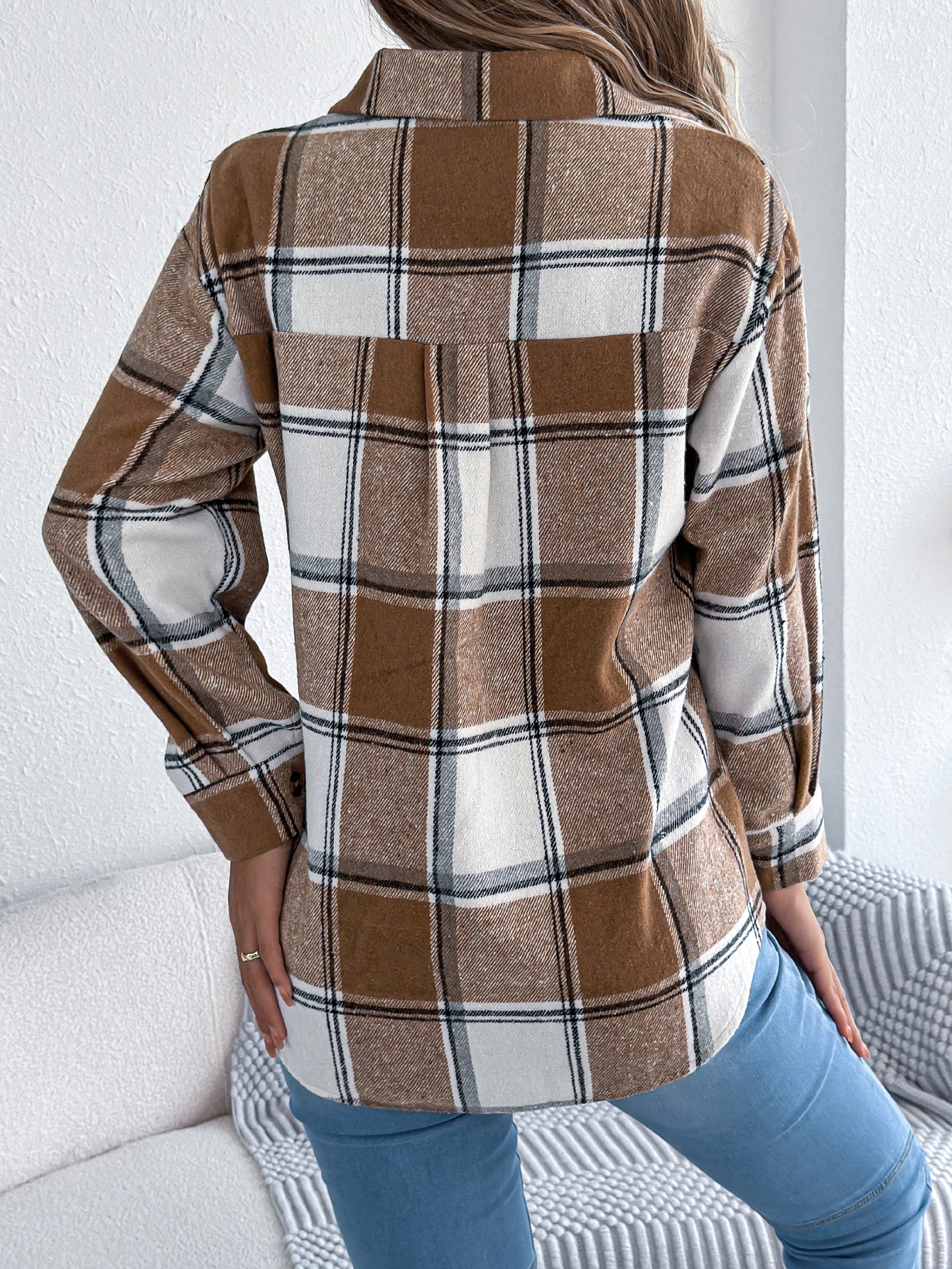 Abrigo de tweed de longitud media para mujer, informal, de cuadros, con bolsillos falsos y manga larga