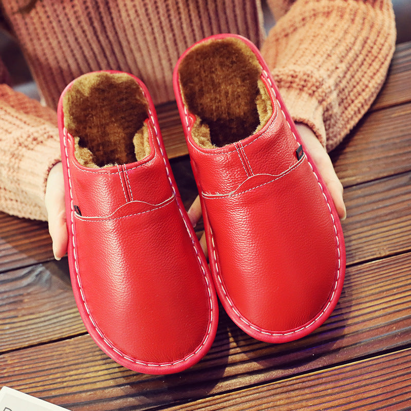 Pantuflas térmicas de algodón de cuero genuino para pareja, de piel de vaca, impermeables