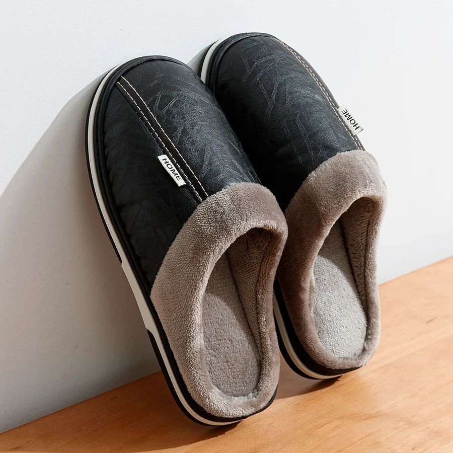 Pantuflas de interior de cuero PU, tallas grandes, impermeables, con pelo, planas