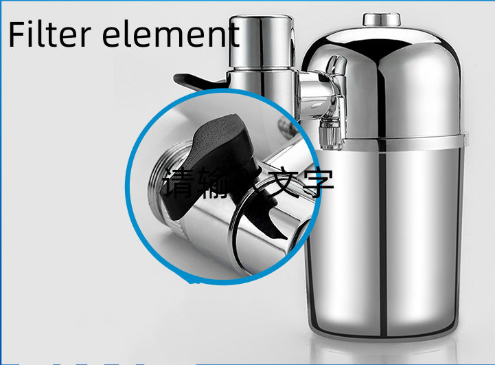 Vattenfilter för kran med rostfritt stålfält och keramisk filterkärna, avsett för rening av tappvatten direkt vid användningsstället.