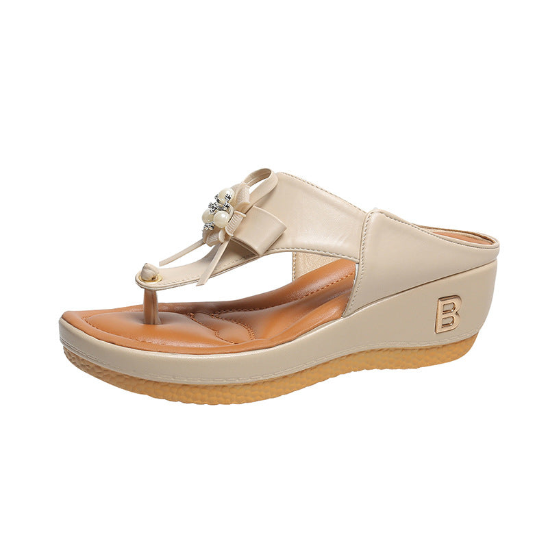 Sandalias tipo chancla con cuña y flor para mujer, talla grande, de playa