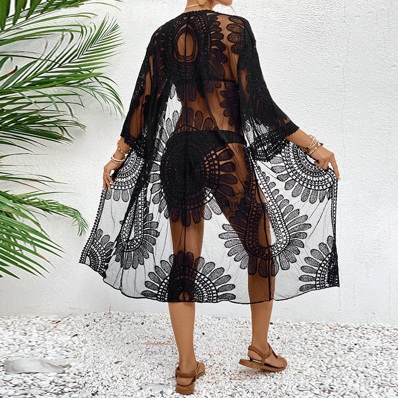 Lace Embroidered Kimono Cardigan Swimsuit Bikini Beach Cover-up