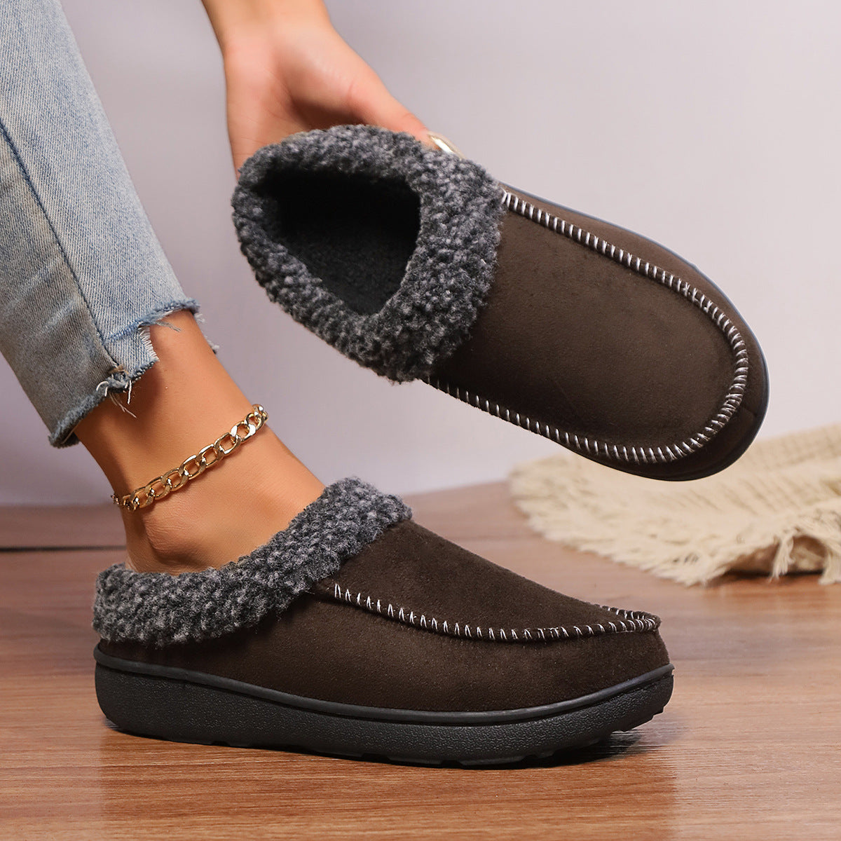 Zapatillas de algodón gruesas para casa, de otoño e invierno, con talón semicubierto