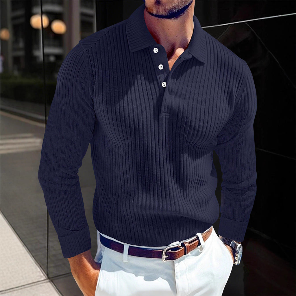 Men's T-Shirt with Turn-Down Collar, Buttoned Long-Sleeve Polo Shirt