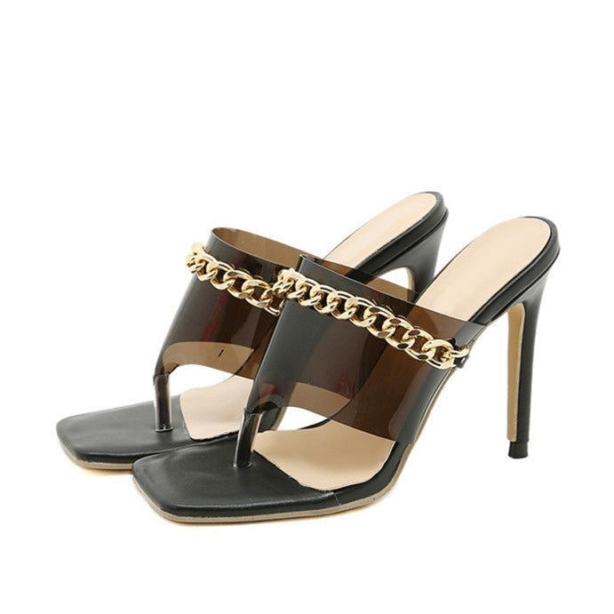 Damen-Sandalen mit eckiger Zehenpartie, PVC-Kette und Stilettoabsatz für Bankett