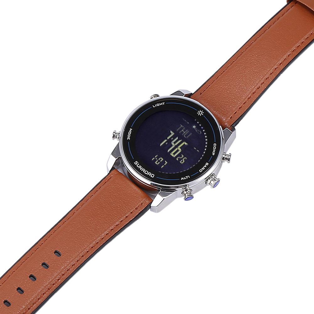 Multifunktionell herrklocka med barometer, kompass och termometer, utformad för fiske, friluftsliv och utomhusbruk.